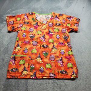 Bring It On V-Neck Scrub Top Halloween Monster Theme Orange 3 Pockets Wmn Sz M